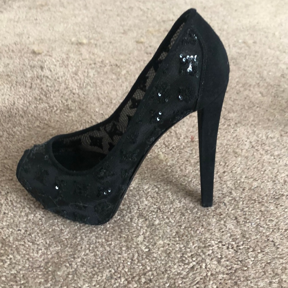 Black Louis Vuitton Suede Pumps, 
Lace Pattern, Sequin Embellishments
Heels 5.5